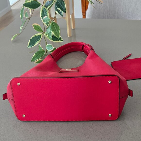 DKNY Red Genuine Leather Zip Side Tote Bag with Pouch Black Interior Gold Logo - Picture 16 of 17